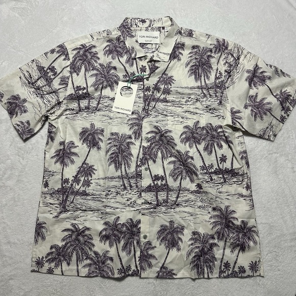 Tori Richard Other - Tori Richard 2XL Aloha Shirt Cotton Coastal Engraving Purple Palm Tree Scenic